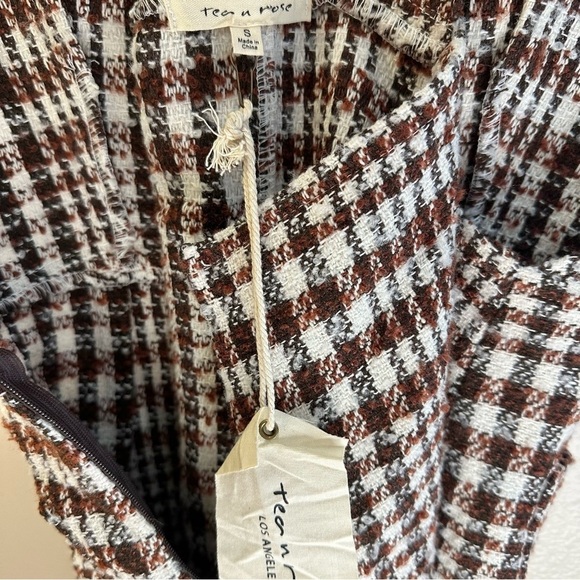 NWT Tea N Rose Brown and White Overall Houndstooth Pinafore Dress Raw Hem - Picture 6 of 12